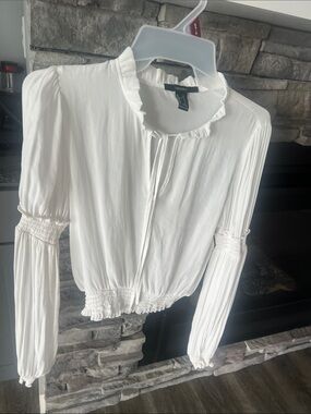 Forever 21 White Ruffle-Trim Tie Front Peasant Blouse